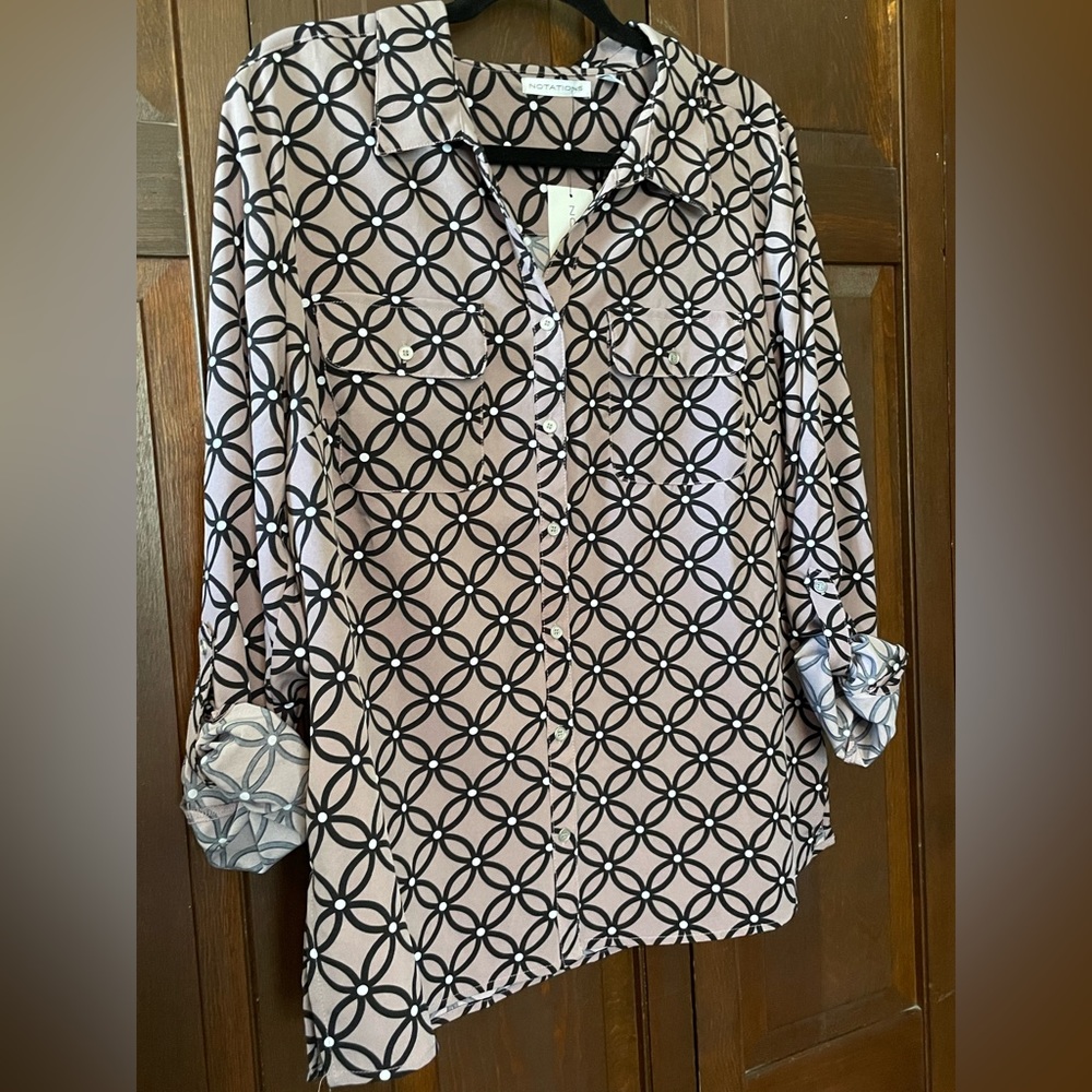 Notations, Size Large, Mauve and Black Button Up Blouse with Geometric Flower